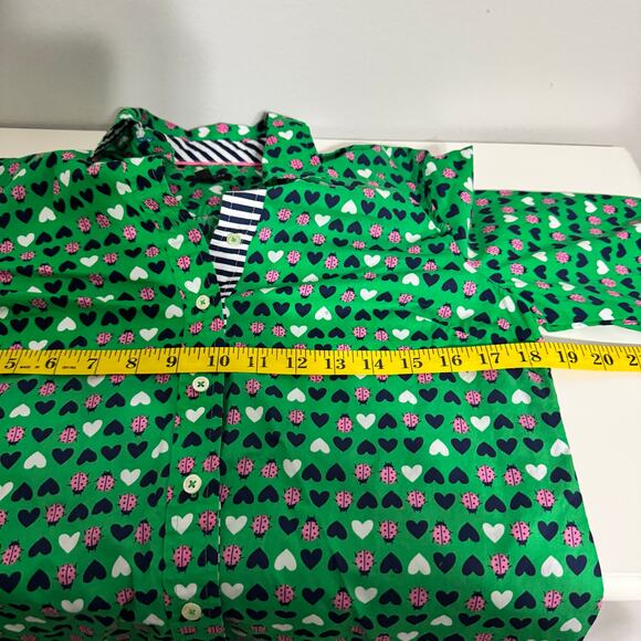 Talbots Top Size P Button Down Green Ladybug Hearts Contrast Cuff Novelty - Picture 13 of 15